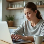 Femme consultant un site de pharmacie en ligne sur un ordinateur portable dans sa cuisine