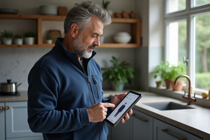 Homme consultant un site de vente en ligne de vêtements sur une tablette dans une cuisine moderne