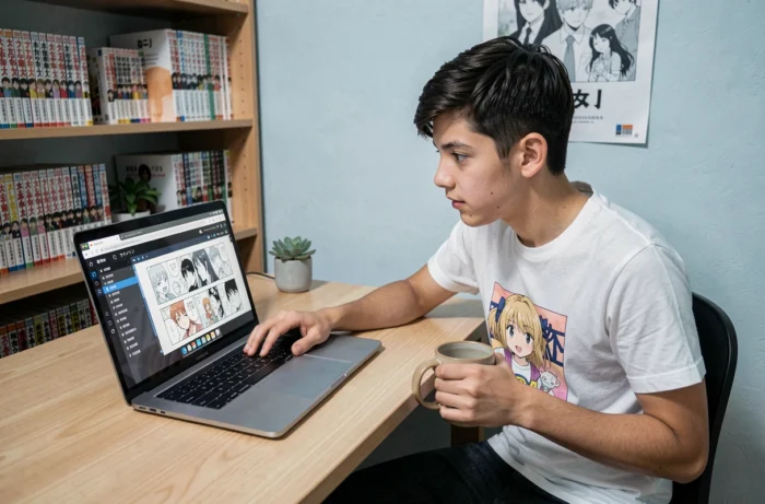 Adolescent lisant des mangas en ligne sur son ordinateur portable dans sa chambre d'étudiant, avec une bibliothèque de mangas en arrière-plan