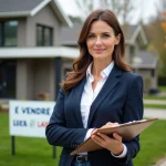 Agent immobilier femme tenant des annonces devant une maison moderne à vendre dans un quartier résidentiel