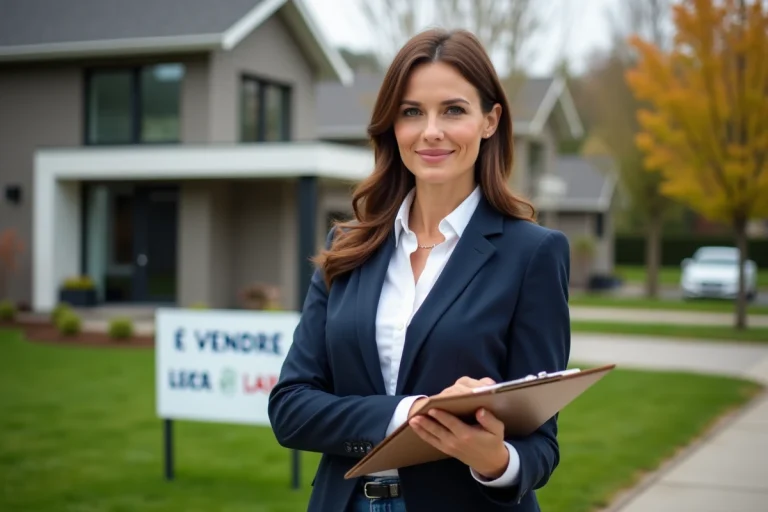Agent immobilier femme tenant des annonces devant une maison moderne à vendre dans un quartier résidentiel