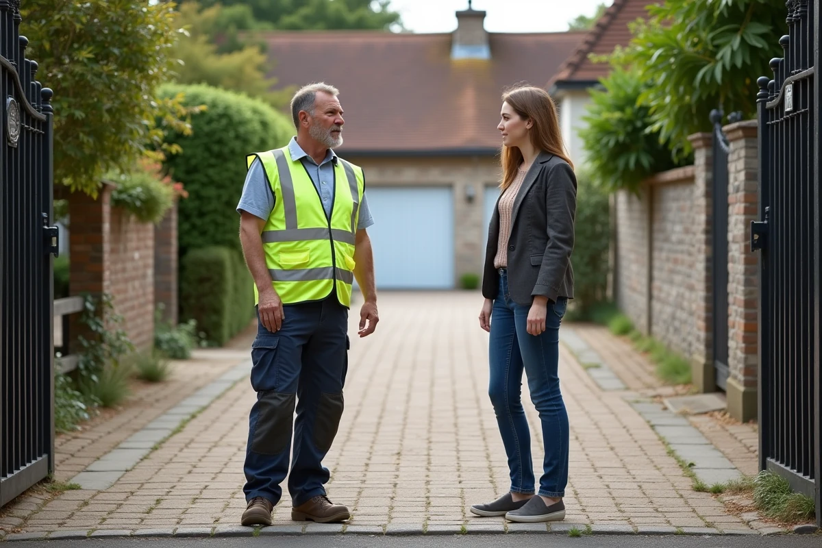 Agent municipal discutant avec un propriétaire devant la cour pavée