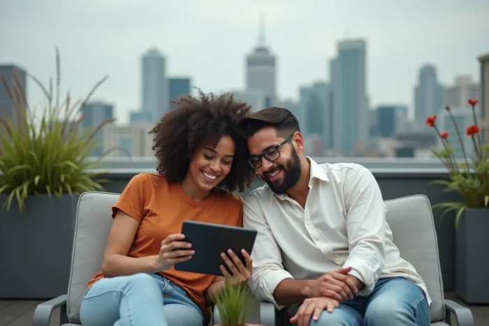 Deux amis regardant ensemble du contenu en streaming sur une tablette sur une terrasse urbaine moderne