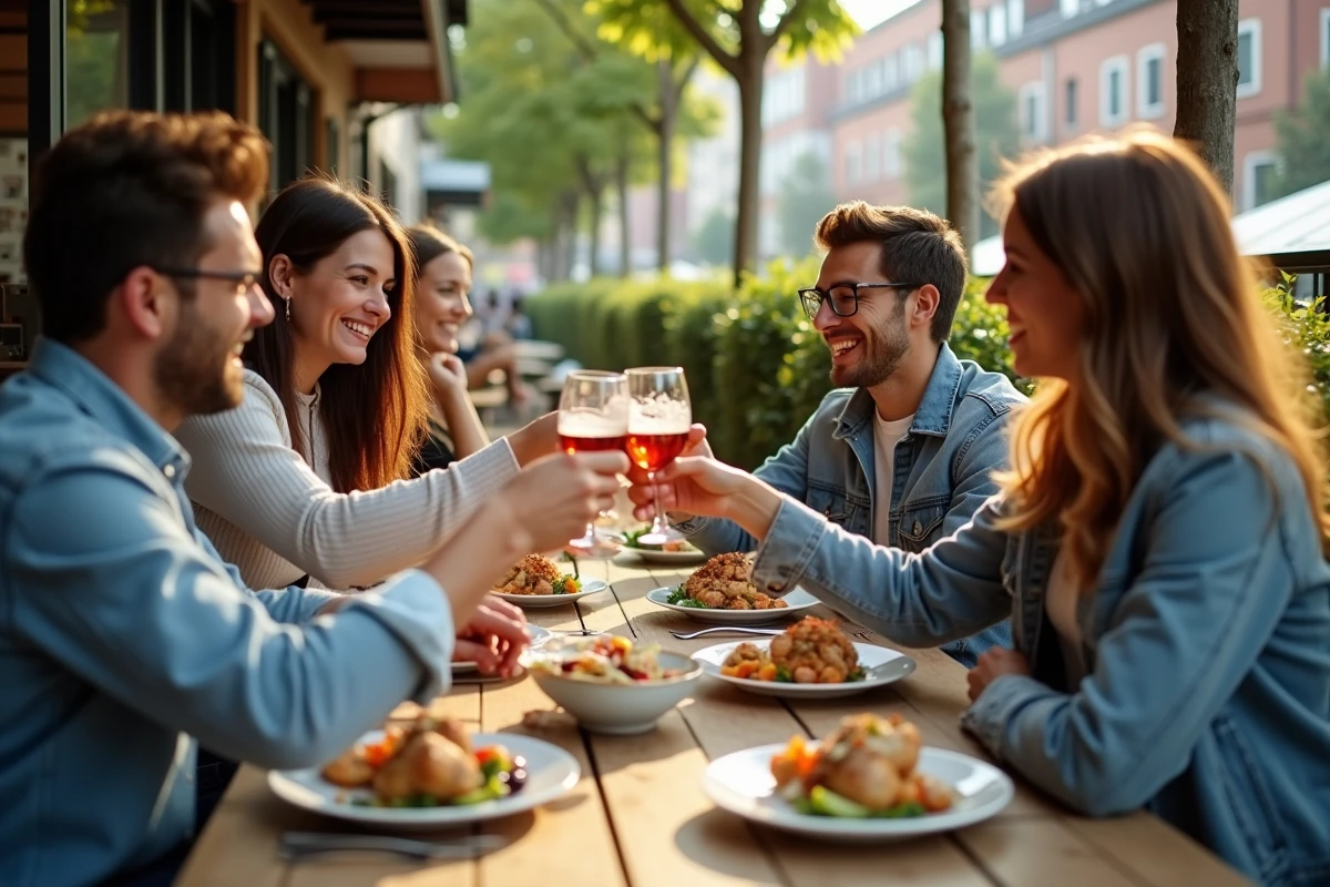 Amis trinquant sur une terrasse ensoleillée avec plats colorés