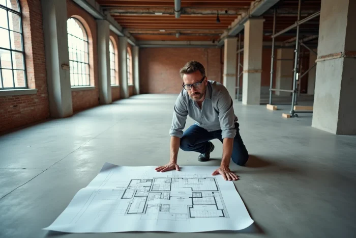 Architecte examinant des plans de rénovation dans un appartement de luxe en travaux avec murs en briques apparentes