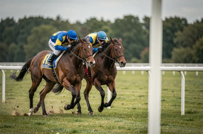 Deux chevaux de course à l'arrivée lors d'une compétition PMU sur hippodrome régional français
