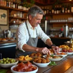 Bar à tapas rustique à Dancharia avec jamón ibérico, pintxos et plats traditionnels espagnols sur le comptoir en bois