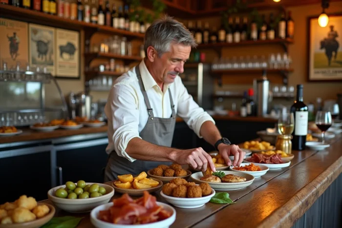 Bar à tapas rustique à Dancharia avec jamón ibérico, pintxos et plats traditionnels espagnols sur le comptoir en bois