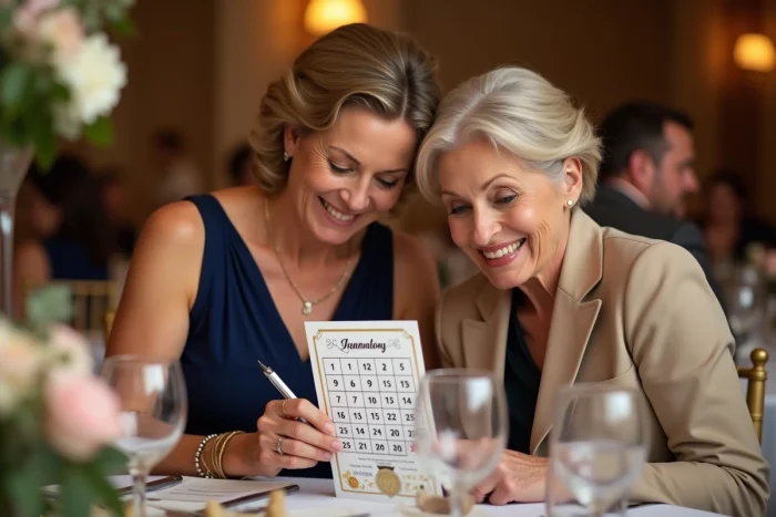 Invitées d'un mariage jouant au bingo de réception personnalisé, marquant des cases sur leur carte avec enthousiasme et surprise