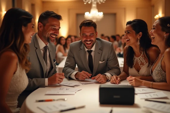 Groupe d'invités d'un mariage participant à un blind test musical par décennies, réagissant avec joie à la reconnaissance d'une chanson