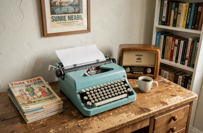 Bureau vintage des années 60 avec machine à écrire turquoise, radio Bakélite et magazines illustrés anciens dans un décor nostalgique et authentique