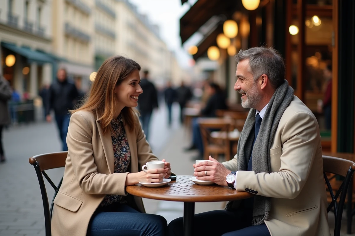 Couple au café parisien en discussion détendue