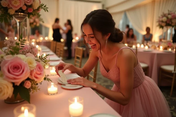 Invitée d'un mariage découvrant un indice caché dans un arrangement floral lors d'une chasse au trésor nuptiale en salle