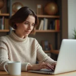 Femme d'âge moyen commandant sur un site de vêtements en ligne depuis son bureau à domicile avec un ordinateur portable