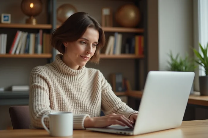Femme d'âge moyen commandant sur un site de vêtements en ligne depuis son bureau à domicile avec un ordinateur portable