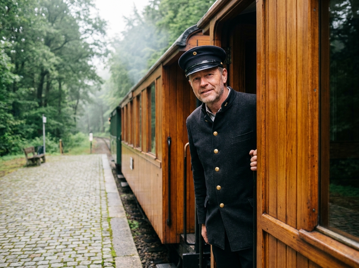 Homme en uniforme de train vintage dans un train ancien en forêt
