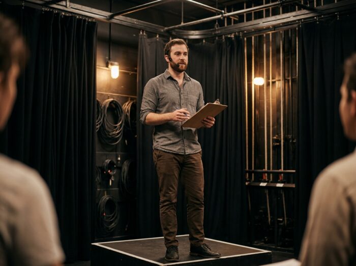 Coordinateur de production sur scène dans un théâtre, illustration des métiers techniques de l'entertainment et du spectacle vivant