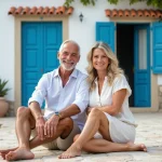Couple français souriant devant maison portugaise traditionnelle