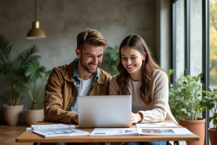 Jeune couple recherchant des annonces immobilières sur un ordinateur portable dans un appartement moderne