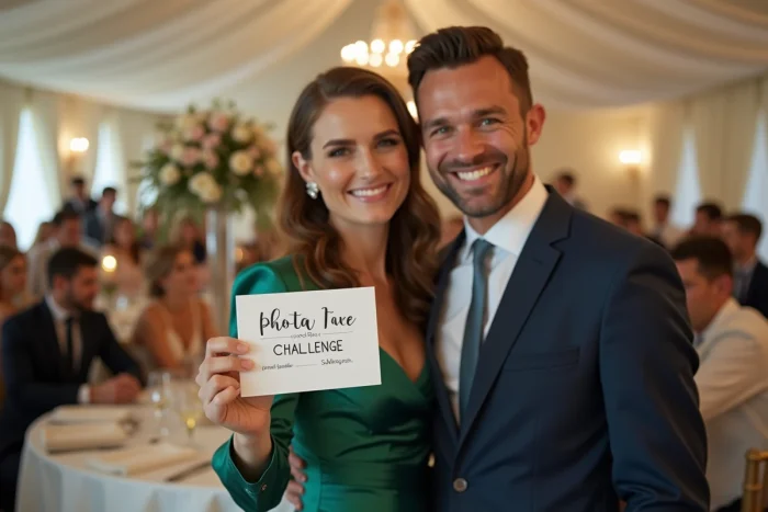 Couple d'invités tenant une fiche imprimable de défis photo lors d'une réception de mariage, posant avec enthousiasme pour relever un défi par catégorie