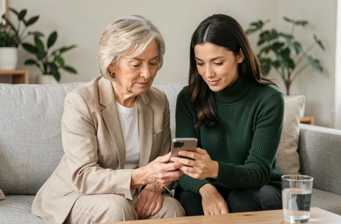 Deux femmes consultant ensemble une application de gestion de tutelle sur smartphone dans un salon