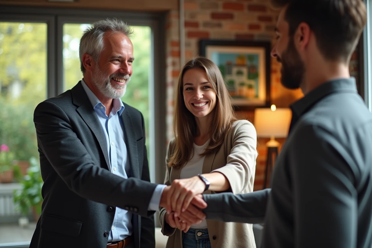 Homme et jeune couple échangent des clés dans un salon chaleureux