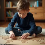 Jeune garçon concentré assemblant un puzzle de carte du monde sur le sol d'un salon chaleureux