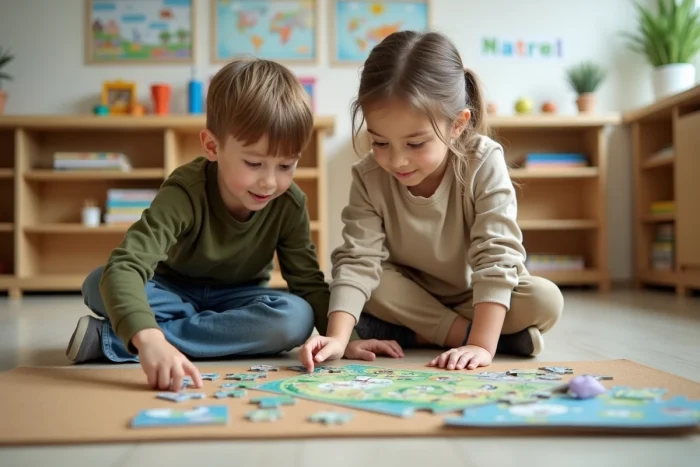 Deux enfants collaborant sur un grand puzzle éducatif posé sur un tableau en liège dans une salle de classe