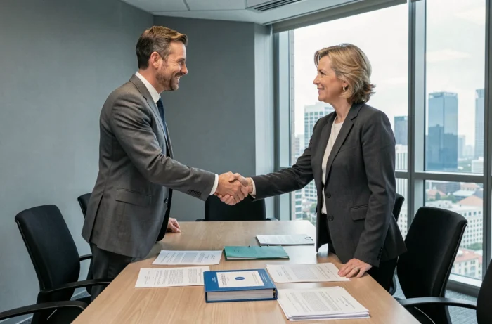 Deux entrepreneurs signant un accord juridique lors d'une réunion d'affaires professionnelle