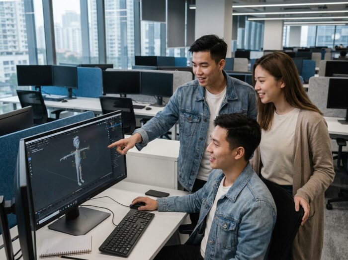 Groupe d'étudiants collaborant sur un logiciel d'animation 3D dans un centre de formation aux métiers de l'entertainment