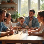 Famille multigeneration jouant à un jeu de société dans la cuisine