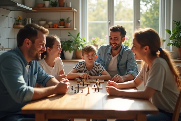 Famille multigeneration jouant à un jeu de société dans la cuisine