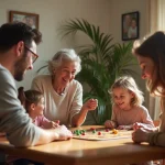 Famille multigenerational partageant un jeu de société dans une salle lumineuse