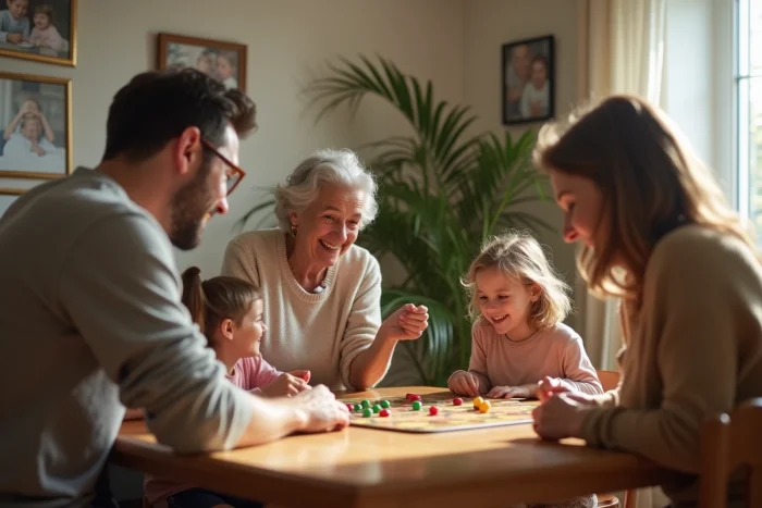 Famille multigenerational partageant un jeu de société dans une salle lumineuse