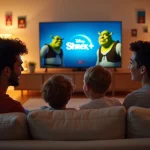 Famille heureuse regardant un film Disney Plus à la maison