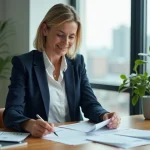 Femme d'affaires confiante en blazer navy dans un bureau lumineux
