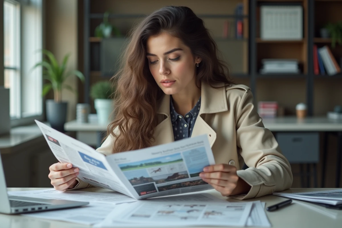Jeune femme analysant un programme de courses de chevaux au bureau