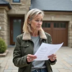 Femme d'âge moyen tenant des papiers architecturaux dans son jardin