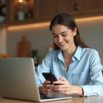 Jeune femme souriante au bureau cuisine moderne