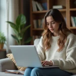 Jeune femme au bureau à domicile utilisant un ordinateur portable