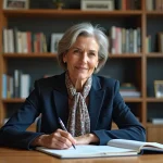 Femme élégante en bureau moderne écrivant dans un carnet