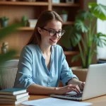 Jeune femme au bureau naviguant sur un site internet