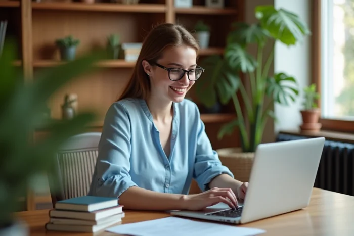Jeune femme au bureau naviguant sur un site internet