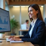 Femme cadre RH utilisant un logiciel de gestion des ressources humaines sur ordinateur dans un bureau moderne