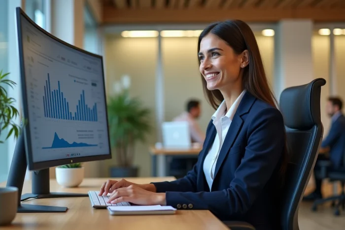 Femme cadre RH utilisant un logiciel de gestion des ressources humaines sur ordinateur dans un bureau moderne