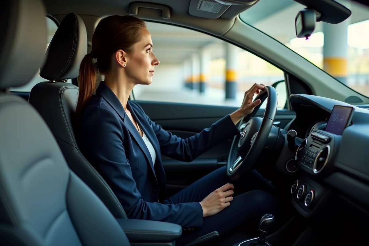 Femme examinant le tableau de bord dans une voiture