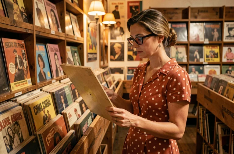 Femme en robe rétro des années 50 examinant un disque vinyle dans une boutique de disques vintage aux étagères en bois chargées de pochettes colorées