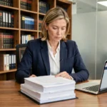 Femme entrepreneur consultant des documents juridiques essentiels dans un bureau professionnel moderne