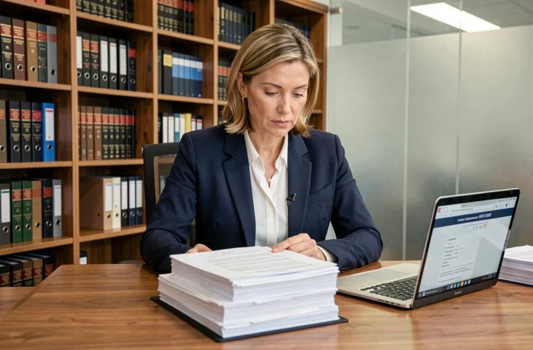 Femme entrepreneur consultant des documents juridiques essentiels dans un bureau professionnel moderne
