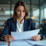 Femme d'affaires en blazer bleu examine un rapport financier